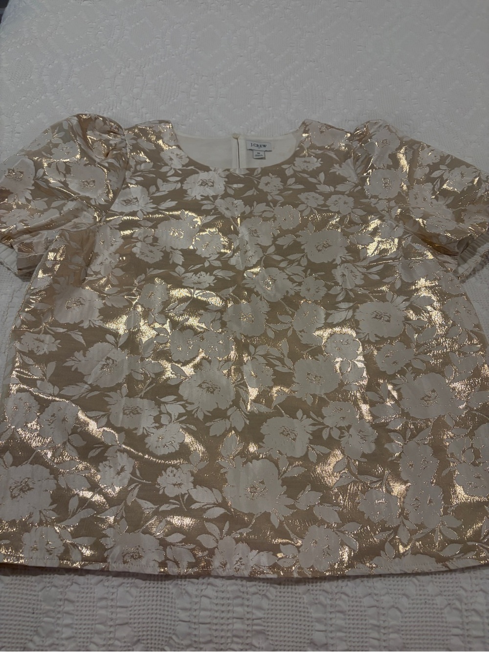 J. Crew Rose Gold Floral Metallic Jacquard Short Puff Sleeve Blouse